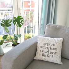 Load image into Gallery viewer, A leaf patterned Christian cushion with the words, &#39;As for me and my house, we will serve the Lord&#39; the perfect piece of Christian home decoration to add to your living space