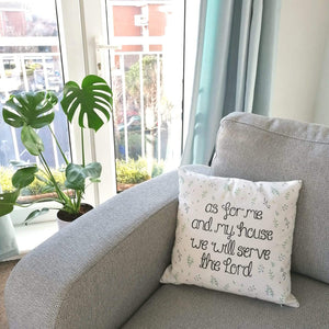 A leaf patterned Christian cushion with the words, 'As for me and my house, we will serve the Lord' the perfect piece of Christian home decoration to add to your living space