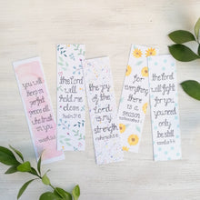 Load image into Gallery viewer, set of 5 hand illustrated bible verse bookmarks with sunflower and leaf designs hand painted around encouraging bible verses