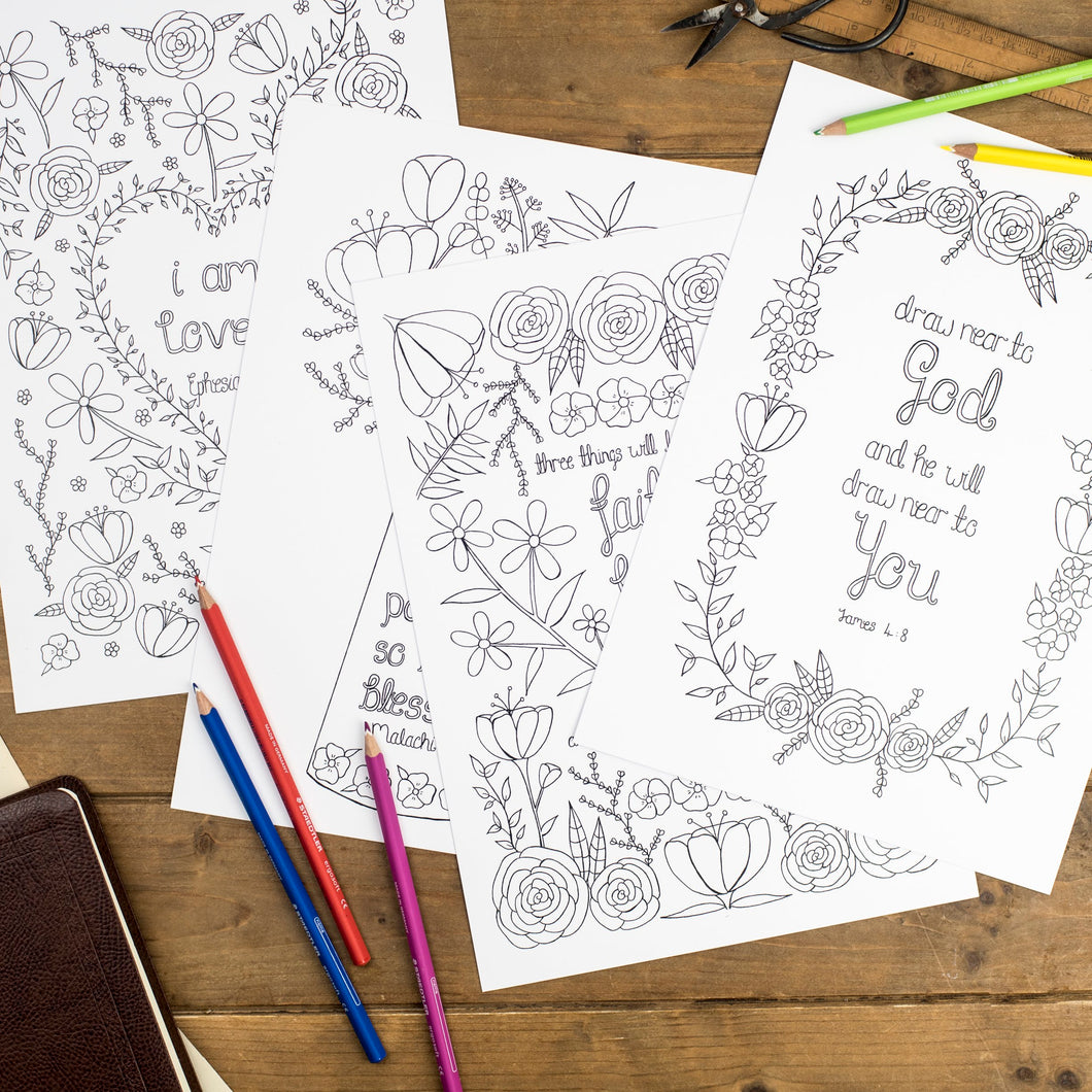 set of 4 floral patterned bible verse colouring pages for adults