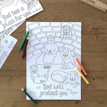 Load image into Gallery viewer, daniel and the lions den children&#39;s bible colouring page