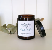 Load image into Gallery viewer, raspberry and quince soy candle with recycled amber jar