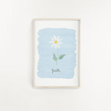 Load image into Gallery viewer, A pretty wall print perfect for adding beauty to your walls, with the word faith lettered onto a blue watercolour background with a single daisy painted above the words.