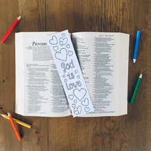 Load image into Gallery viewer, God is love Christian colouring bookmark with heart pattern