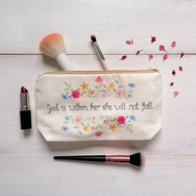 Load image into Gallery viewer, A beautiful Christian makeup bag with the words, &#39;God is within her she will not fall&#39; inspired by Psalm 46:5 surrounded by a stunning watercolour floral design.