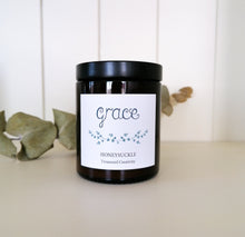 Load image into Gallery viewer, grace candle with honeysuckle scent in amber glass jar