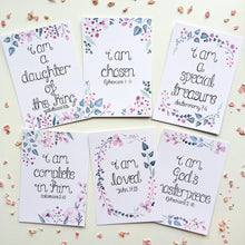 Load image into Gallery viewer, Identity affirming Bible verse mini print set. These beautifully affirming prints would make a sweet addition to your home as well the perfect gift idea to share with loved ones to encourage them on a special occasion.