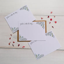 Load image into Gallery viewer, notecard set with the words &#39;just a note to say&#39; hand lettered on the design alongside a leaf pattern to fill with words of encouragement and love. A set of 10 notecards with kraft envelopes to accompany.