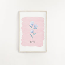 Load image into Gallery viewer, A striking wall print of a purple flower with the word Love lettered beneath and a complimentary pale pink background. A sweet addition to add to your home.