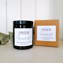 Load image into Gallery viewer, peace soy candle with aloe, straw and cucumber scent with kraft box