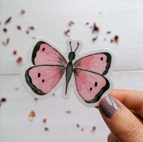 hand illustrated sticker of a pink butterfly with black detailing