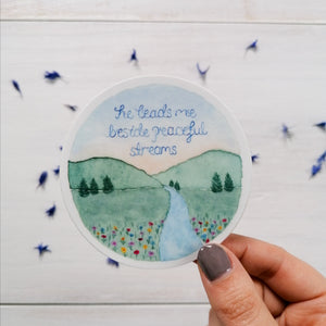 He leads me beside peaceful streams illustration sticker inspired by psalm 23:2