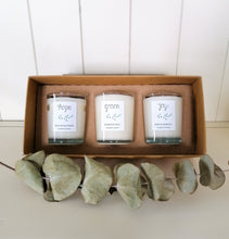 Load image into Gallery viewer, set of 3 vegan soy candles in gift box, perfect gift set for birthdays and new homes
