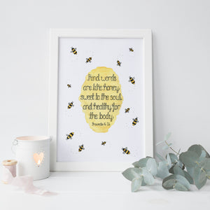 clearance sale print with bible verse proverbs 16:24 written in the middle of honeycomb and bees