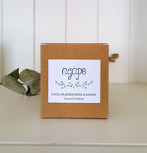 Load image into Gallery viewer, gold frankincense and myrrh soy candle in kraft box