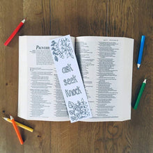 Load image into Gallery viewer, Bible Verse colouring Bookmark with Ask Seek Knock written in the design with leaves surrounding
