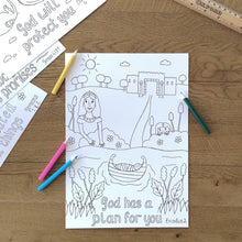 Load image into Gallery viewer, children&#39;s christian colouring page with the story of moses