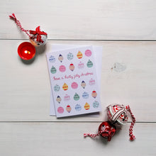 Load image into Gallery viewer, A jolly Christmas Card with a fun and colourful bauble pattern and the words, have a holly jolly Christmas, lettered with red watercolour.
