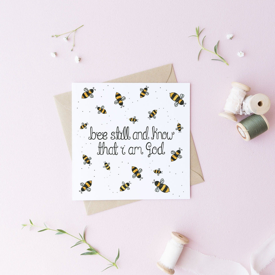 A cute play on words Bible verse card with the words, 'Bee still and know that I am God' lettered at the centre of the design with watercolour bees surrounding the verse. A sweet card to fill with loving and encouraging words.