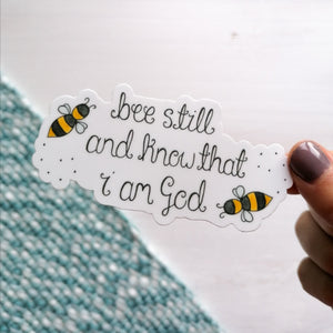 psalm 46 10 bible verse sticker with bumble bees surrounding the scripture, a lovely gift for christians and bee lovers