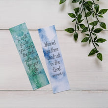 Load image into Gallery viewer, blur and green watercolour christian bookmarks with uplifting bible verses
