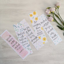 Load image into Gallery viewer, stunning set of christian bookmark with encouraging bible verses hand lettered at the centre of the design with pretty floral patterns hand painted around the verses