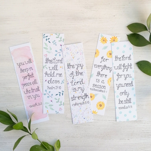 set of 5 hand illustrated bible verse bookmarks with sunflower and leaf designs hand painted around encouraging bible verses