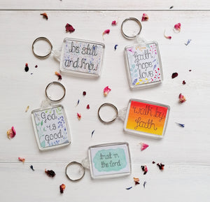 Treasured Creativity's collection of Christian keychains and bible verse keyrings, all with uplifting verses and watercolour designs.