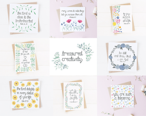 an assortment of bible verse greetings cards to encourage loved ones with from Treasured Creativity