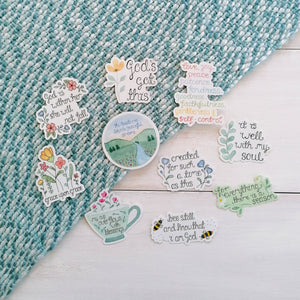 set of 10 christian bible verse stickers made by treasured creativity with uplifting bible verses and stunning watercolour illustrations including floral designs, bees, landscapes and more