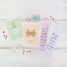 Load image into Gallery viewer, christian gift box including christian postcards, bible verse bookmarks, scripture keychain and vinyl sticker