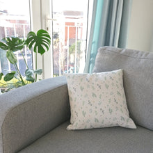 Load image into Gallery viewer, Botanical leaf cushion with the words, as for me and my house we will serve the lord, on one side and the pretty leaf pattern on the back
