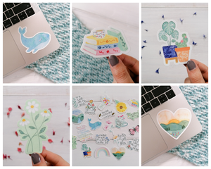 an assortment of cute illustration stickers, from whales to house plants to books to sunsets and daisy stickers