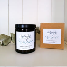 Load image into Gallery viewer, delight candle with raspberry and quince scent with box