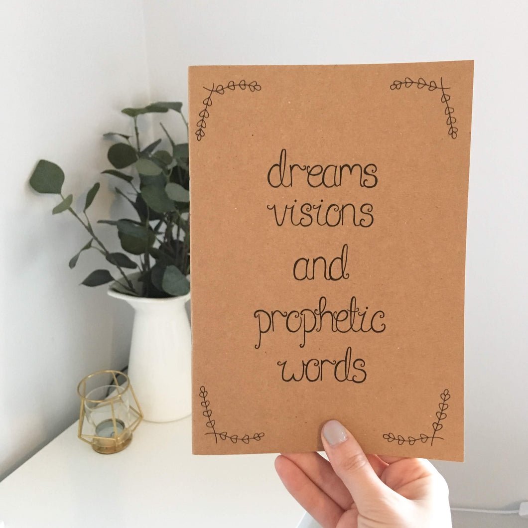 A lovely journal with the words, 'dreams, visions & prophetic words' with a dainty leaf pattern in the corners. The perfect journal to gift your Christian friends or treat yourself to.