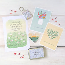 Load image into Gallery viewer, christian gift set for her, including a bible verse wall print, christian postcards, bible verse box, vinyl sticker and christian keyring