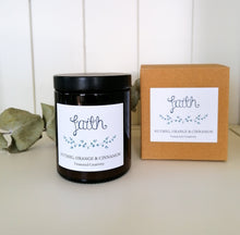Load image into Gallery viewer, faith candle with nutmeg orange and cinnamon scent in amber jar