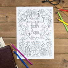 Load image into Gallery viewer, faith hope love bible verse colouring sheet with floral pattern