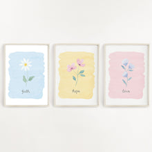 Load image into Gallery viewer, pretty wall print set of 3 designs with the words faith hope love written on each print with a dainty flower painted above the words with a pastel background colour. A stunning set of prints to have in the home.