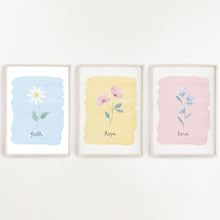 Load image into Gallery viewer, pretty wall print set of 3 designs with the words faith hope love written on each print with a dainty flower painted above the words with a pastel background colour. A stunning set of prints to have in the home.