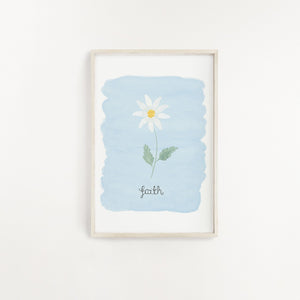 A pretty wall print perfect for adding beauty to your walls, with the word faith lettered onto a blue watercolour background with a single daisy painted above the words.