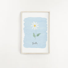 Load image into Gallery viewer, A pretty wall print perfect for adding beauty to your walls, with the word faith lettered onto a blue watercolour background with a single daisy painted above the words.