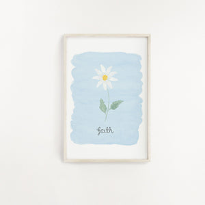 A pretty wall print perfect for adding beauty to your walls, with the word faith lettered onto a blue watercolour background with a single daisy painted above the words.
