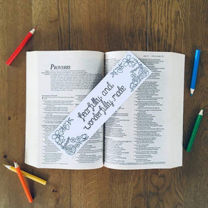 Fearfully And Wonderfully Made Colouring Bible Verse Bookmark with floral design to colour in