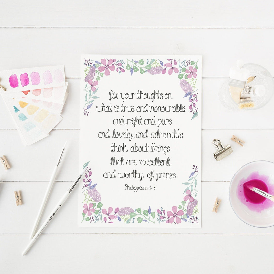 A stunning pink and purple floral print with the words from Philippians 4:8, 'fix your thoughts on what is true, honourable, right and pure..' A beautiful piece to add decoration to your home.
