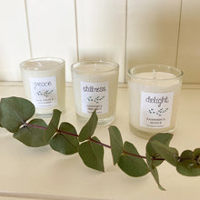 Load image into Gallery viewer, vegan soy candle gift set with candles named, peace, stillness and delight