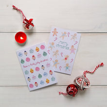 Load image into Gallery viewer, set of vibrant and colourful christmas cards with bauble and gingerbread designs to share with friends this christmas