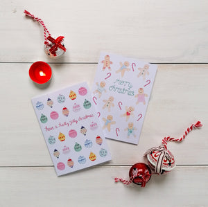 set of vibrant and colourful christmas cards with bauble and gingerbread designs to share with friends this christmas