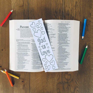 God is love Christian colouring bookmark with heart pattern