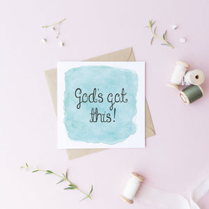 A blue watercolour card with the words, 'God's got this' lettered at the centre. The perfect Christian card to fill with encouragement for him and for her.